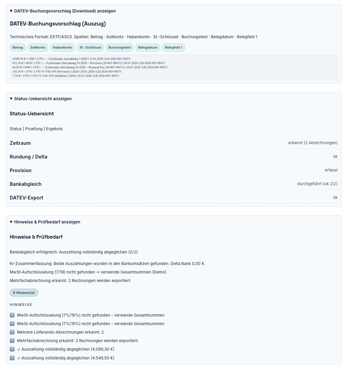 Screenshot: EXTF/ASCII-Vorschau und Checkliste