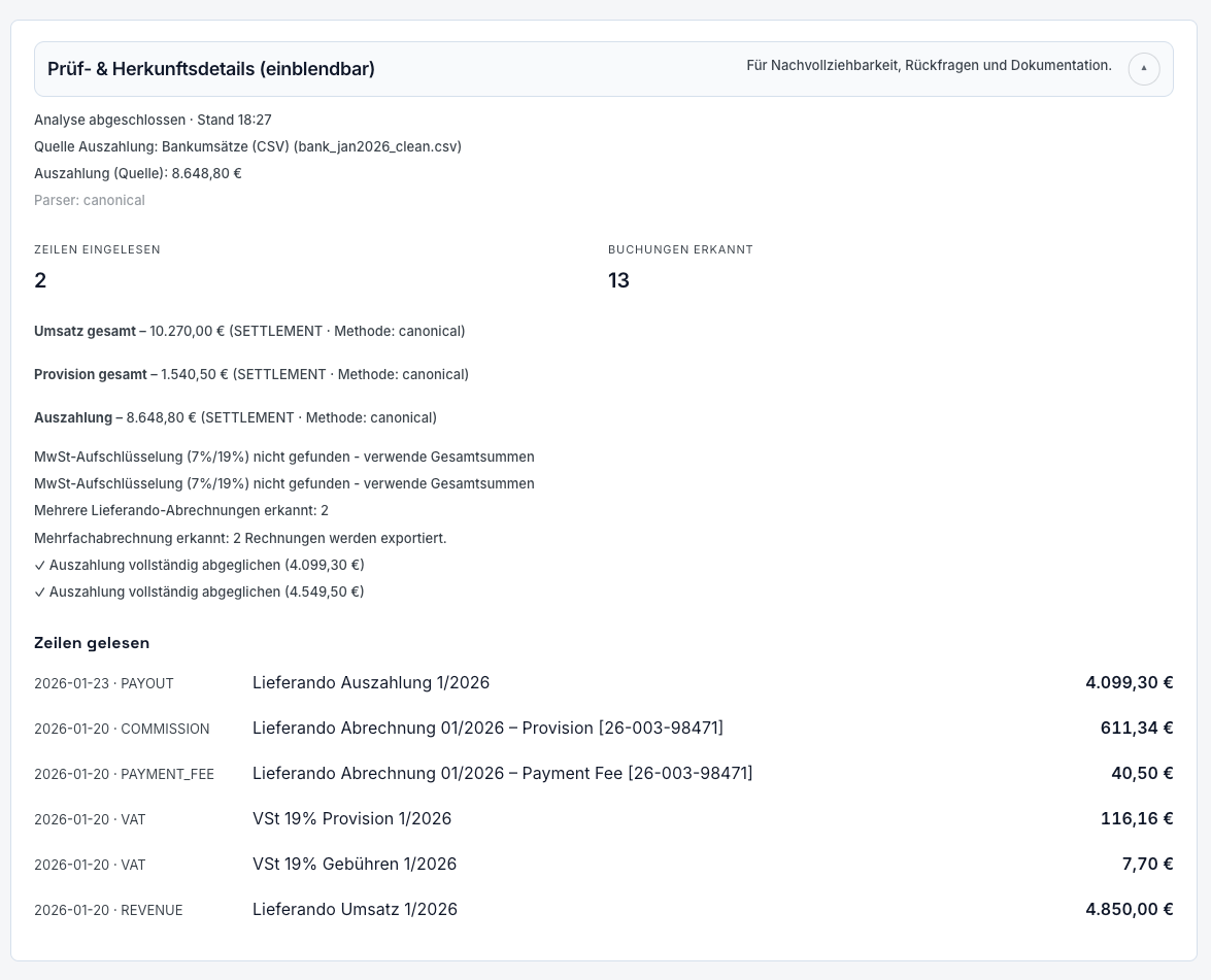 Screenshot: Audit-Trail und Quelldetails