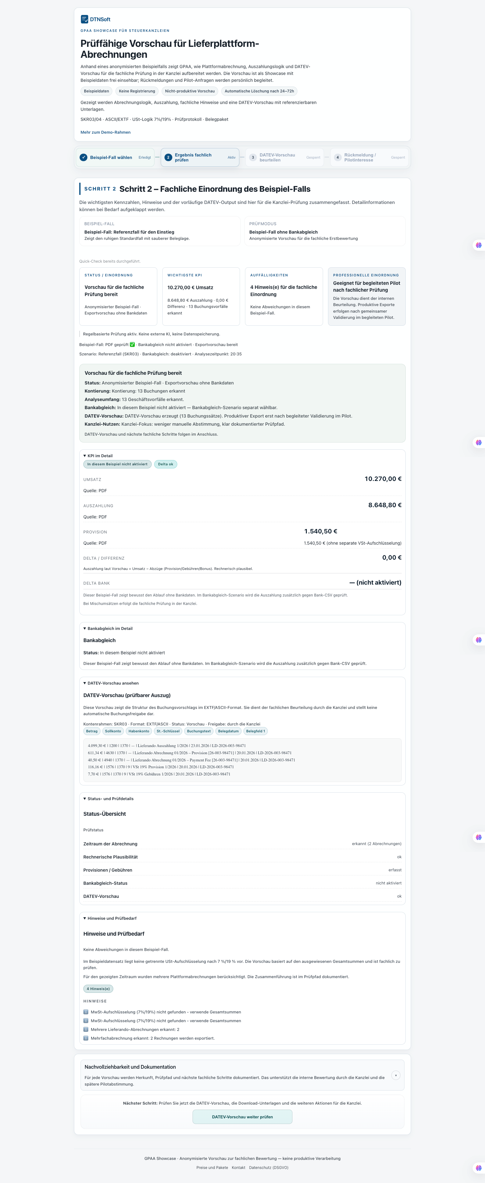 GPAA Ergebnis: KPI-Übersicht mit Umsatz, Provision, USt-Splitting und Delta